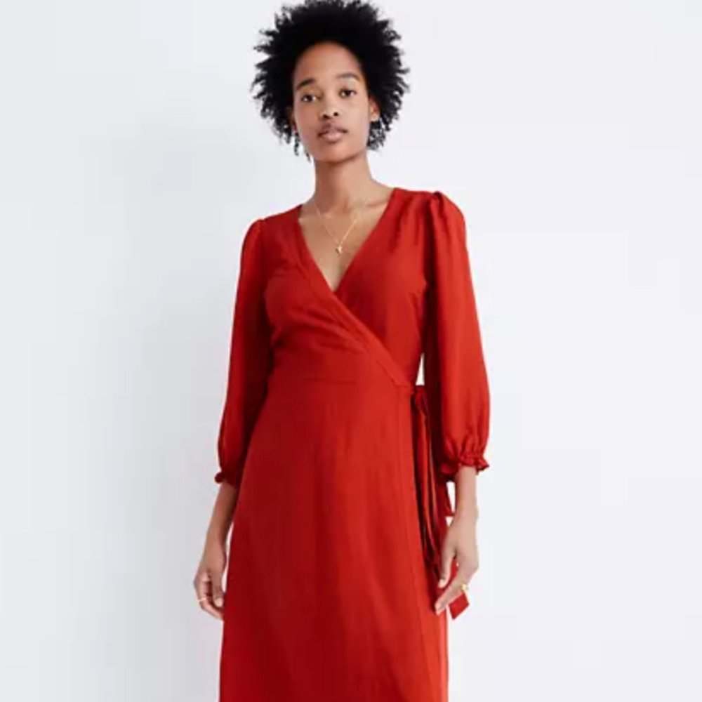 Madewell Linen-Blend Red Ruffle-Cuff Wrap Dress
